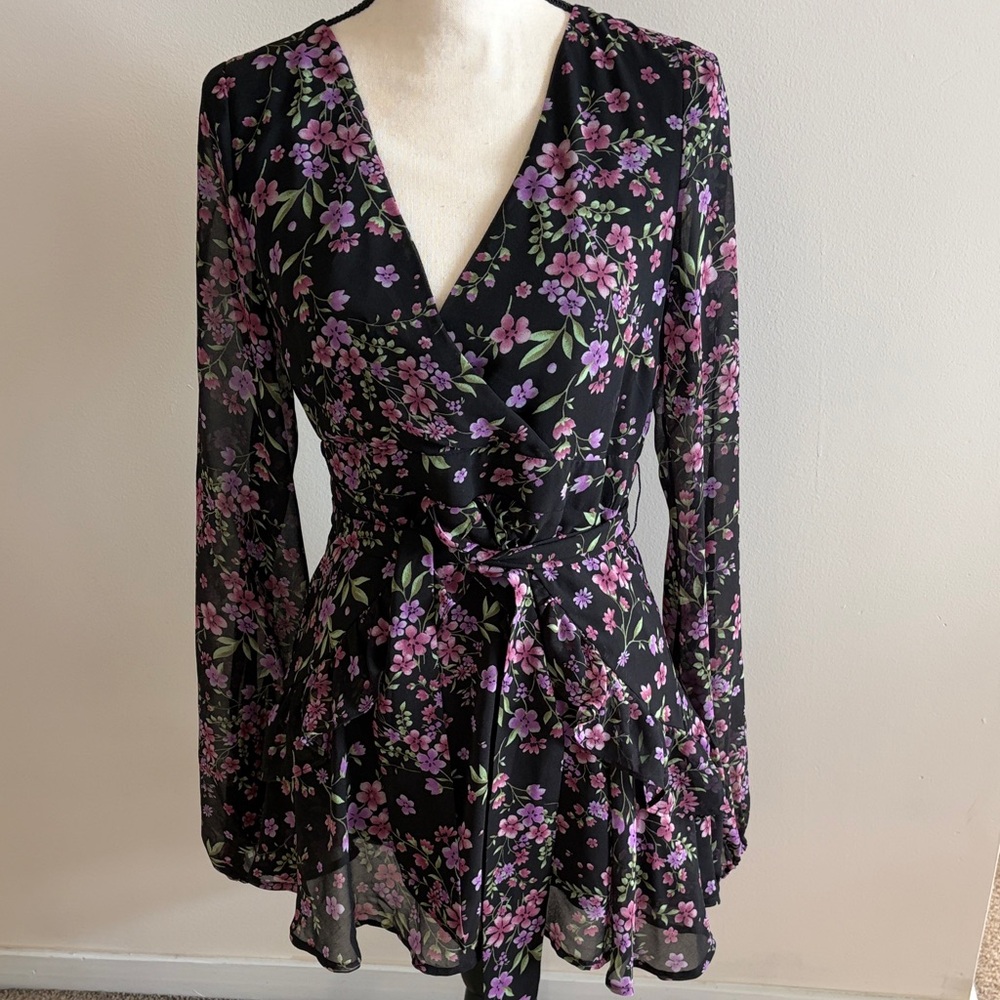 Forever 21 Black Floral Long Sleeve Wrap Dress with Pink & Green Print